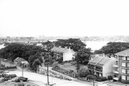 , 'Bell'vue' and 'Bells Terrace' photographed by Henri Wood in 1955. The timber in the lower left was part of the ferry depot. It was this use of waterfront that Harry Seidler hoped to end with his McMahons Point Scheme. Stanton Library