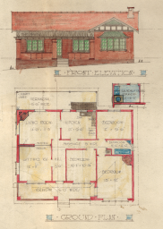 , This plan of a bungalow was drawn up for H Campbell by the firm Peddle Thorp in 1920. The style, which has elements of English Revival and Californian Bungalow was typical for the area. Stanton Library