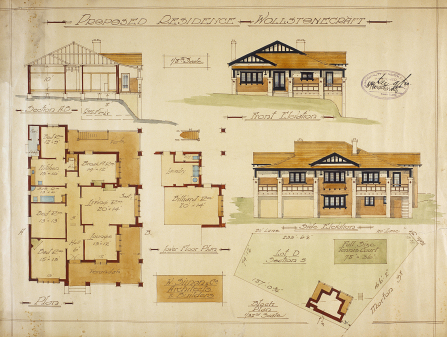 , This 1920 plan by W Simon and Co. shows a large Californian Bungalow typical of affluent Wollstonecraft. The half-timbered gable shows clearly the link to earlier English Revival styles. Stanton Library