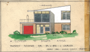 , Elevation and floor plans for the Churcher House. Don Orr's original drawings show the complete absence of ornamentation and the emphasis on open plan. Stanton Library