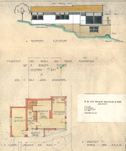 , Elevation and lower floor plans for the Churcher House. Stanton Library