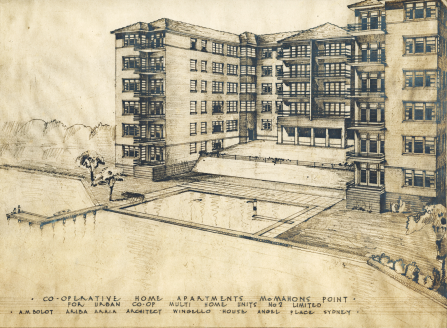 , Aaron Bolot's 1947 sketch of the building shows a misleadingly neat interface between the garden and the foreshore of Berrys Bay. A waterfront pool was eventually completed as part of the development. Stanton Library