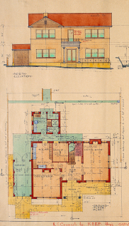 , Rupert Minnett designed this house for the Patchell family in 1940. Note the location of the maid's room and toilet near the functional corner of the house next to the kitchen and laundry. Stanton Library