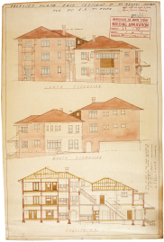, This plan for flats on the western side of Lavender Bay shows the layout and detailing that was typical for buildings of this type and period. It appears to have been built around an existing building which was not unusual. This plan was not approved but a block of nine units was approved in 1929. Stanton Library