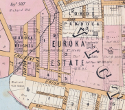 , This 1887 map shows the closely subdivided land surrounding the Euroka estate and the difference in size between these properties and those such as 'Graythwaite' and 'Upton Grange' on the hill. Stanton Library