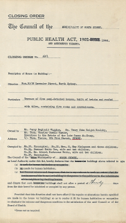 , This <i>Public Health Act</i> inspection form for the set of terrace houses at 30-38 Lavender Street, North Sydney, declared the dwellings 'unsafe for human habitation'. In 1949, just four years after the end of a world war that brought new building to a halt, the area could ill-afford to lose any housing. Stanton Library
