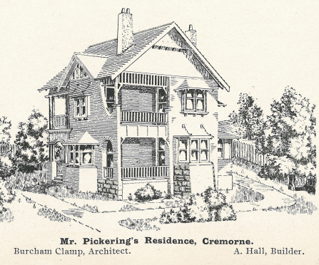 , 'Mr Pickering's Residence, Cremorne'. The journal <i>Building</i>  was one of the most influential publications for the discussion of architecture in the early 1900s. This design appeared in the June 1908 issue and typified the dominant English Revival aesthetic of the time. Stanton Library