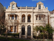 , Classically-inspired Italianate detailing abounds on these semi-detached dwellings at 15 and 17 lower Walker Street, North Sydney. These and the identical pair next door are possibly the most elaborate examples of Victorian Italianate house design in North Sydney. They date to the late 1880s. The architect is unknown. Photograph by Ian Hoskins, 2015