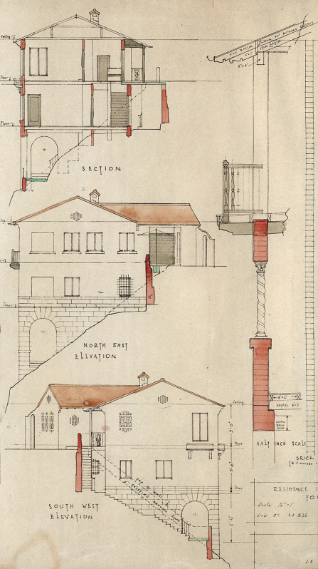 , Thomas Esplin's plan for the Jamison House clearly show the slope of the site and details such as the twisted column which characterises the Inter-War Spanish Mission style. Stanton Library
