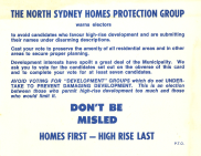 , This North Sydney Homes Protection Group election literature from the late 1960s or early 1970s outlines clearly the philosophy that had underpinned the group since it was formed in the 1950s. Stanton Library