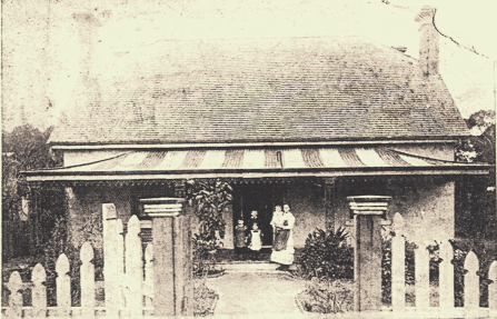 , This 1872 photograph shows the newly built 'Roseleigh' with its original front veranda of corrugated iron roof typically painted in broad stripes and filigree iron valance and grilles supporting the roof. The Georgian symmetry of the house is reflected in the planting of the garden. Stanton Library
