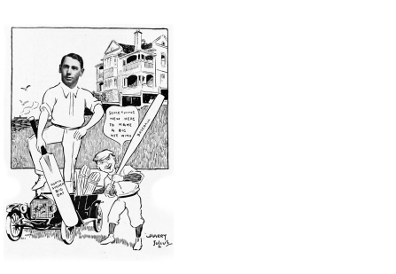 , This cartoon of Rupert Minnett appeared in the 1915 publication <i>Sydneyites as we know 'em</i>. The family house 'Nengah' (now demolished) is in the background. National Library of Australia