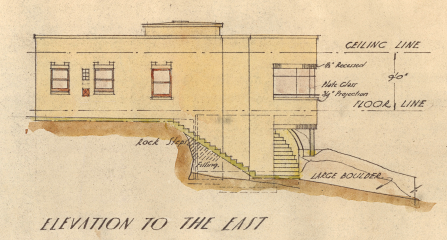 , The side elevation of the house EM Osborn designed for 'E Simms Esq.' gives the impression of a flat roofed dwelling. However, the architect used a low parapet to hide the slightly pitched roof which probably avoided the problem of leaks which plagued many Modernist flat roofed houses. Stanton Library