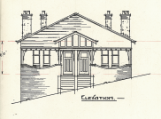 , DE Walsh's elevation drawing of semis for Hugh Boyd. Note the rough cast chimneys. Stanton Library.