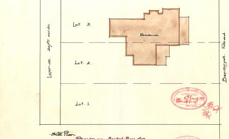 , Building Application 1911. This drawing from Esplin's original 1911 Building Application shows 'Bengallala' spreading over two lots.