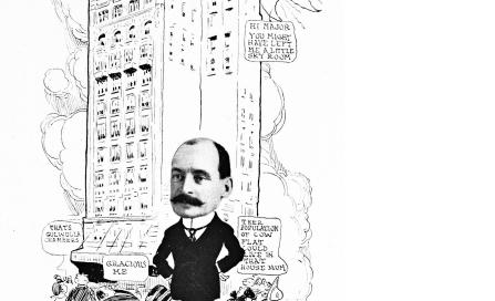 , Alfred Spain with 'Culwulla Chambers' behind as depicted in <i>Sydneyites as we know 'em</i>, 1915. National Library of Australia
