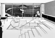 , An interior photograph and sketch montage of the interior of a Blues Point Tower unit. The inclusion of Mies van der Rohe's iconic Barcelona Lounge is indicative of Seidler's cosmopolitan approach to design. The image appeared in Urban Development Concerns You, 1957. Courtesy Seidler family and Max Dupain and Associates / Eric Sierens. Copyright Penelope Seidler