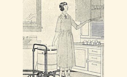 , This portable electrical dishwasher was featured in <i>Building</i>, 23 March 1923. Electrical appliances of any kind were still novel at this time. The woman appears to be dressed in the well-pressed attire of a maid. Stanton Library