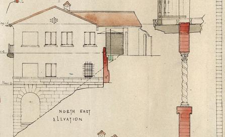 , Thomas Esplin's plan for the Jamison House clearly show the slope of the site and details such as the twisted column which characterises the Inter-War Spanish Mission style. Stanton Library